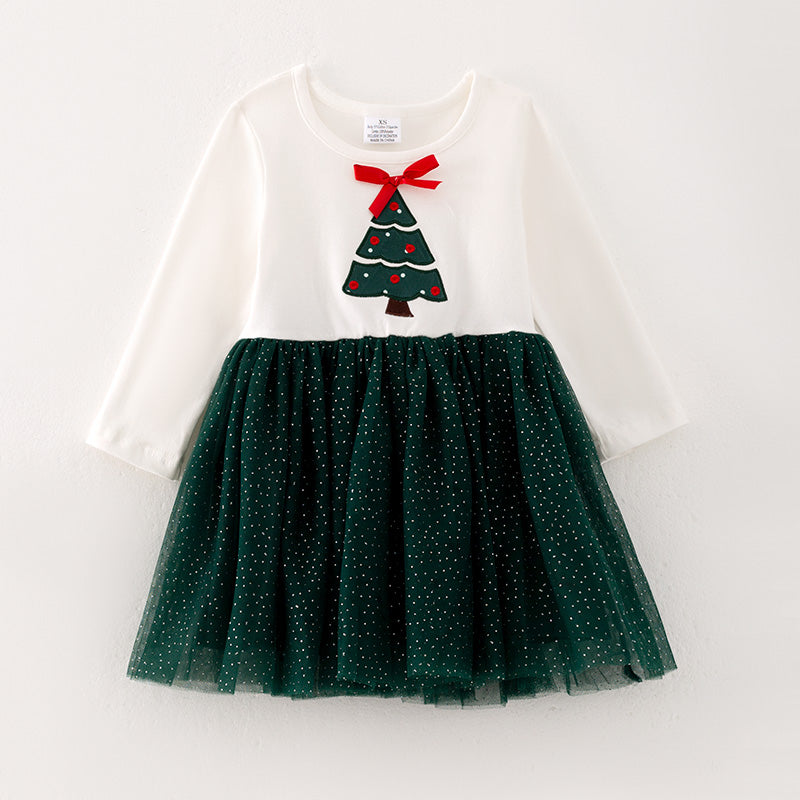 （In Stock G25-2-1）Girls Christmas Tree Applique Tulle Dress