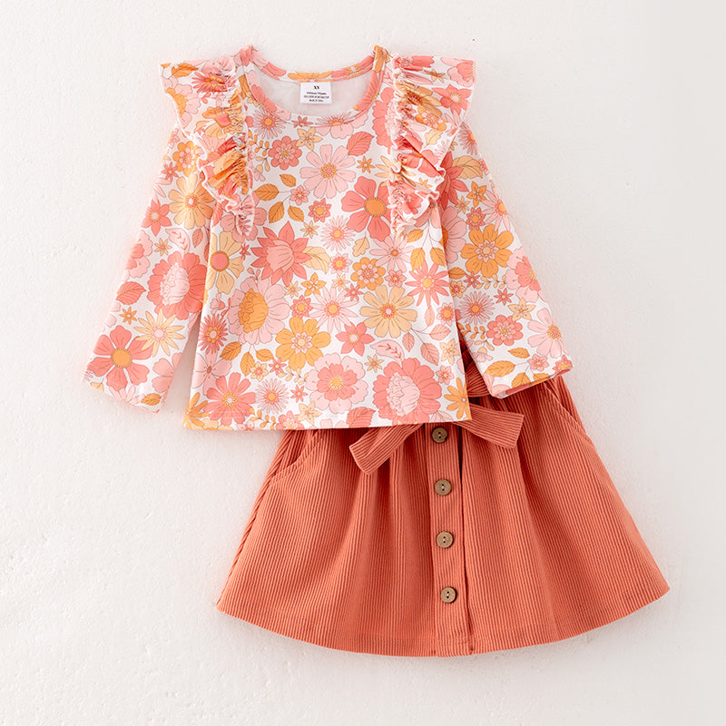 （In Stock E25-5-1）Girls Fall Floral Print Skirt Set