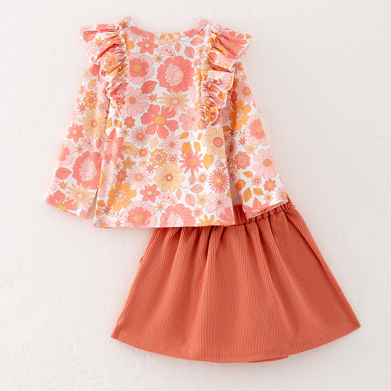 （In Stock E25-5-1）Girls Fall Floral Print Skirt Set