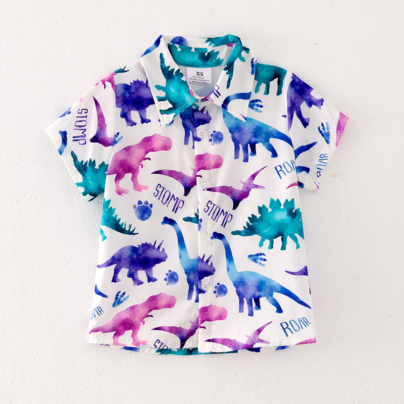 （In Stock E28-1-3）Boys Fall Cartoon Dinosaur Print Shirt