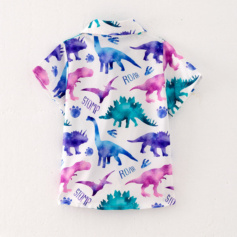 （In Stock E28-1-3）Boys Fall Cartoon Dinosaur Print Shirt