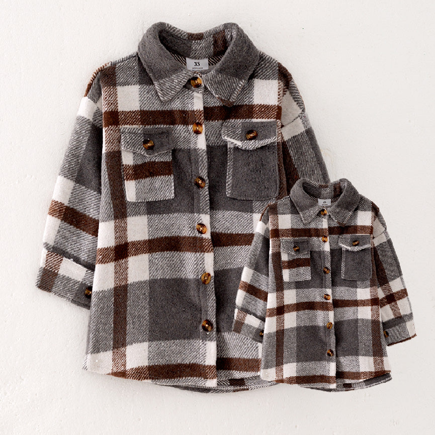 （In Stock E28-5-1）Mommy and Me Fall and Winter Long Plaid Coat