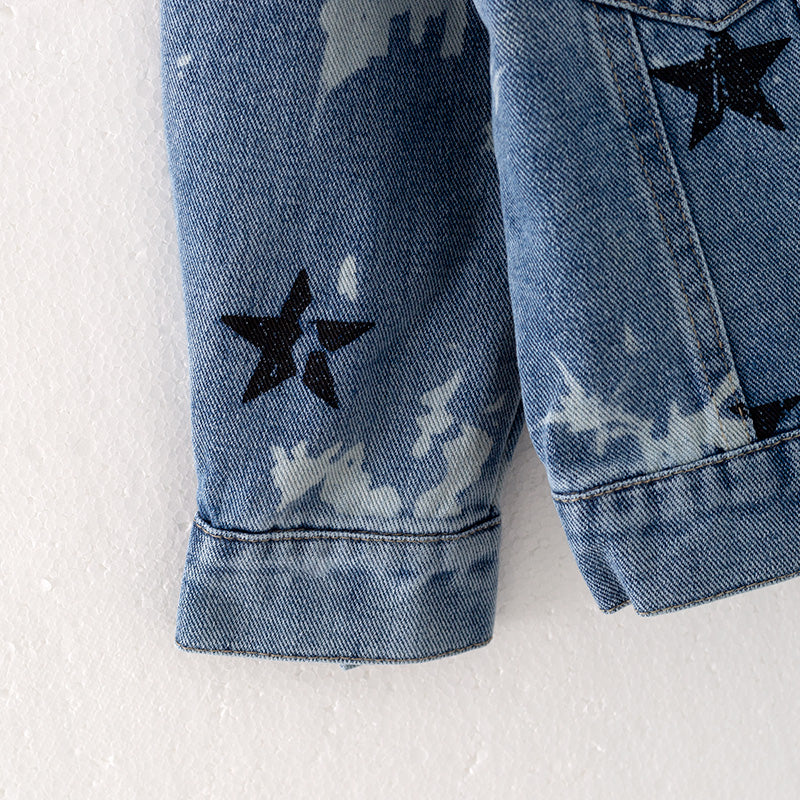 （In Stock E27-3-1）Girls Fall Star Print Blue Denim Jacket