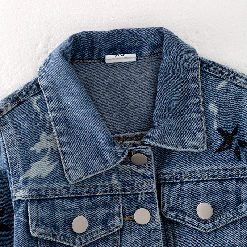 （In Stock E27-3-1）Girls Fall Star Print Blue Denim Jacket