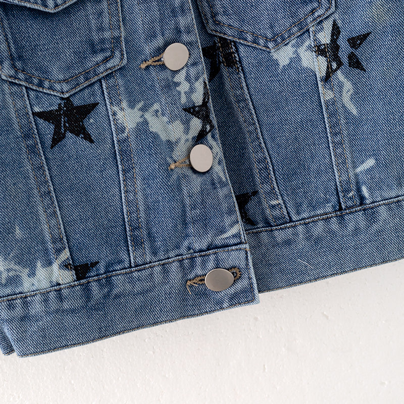 （In Stock E27-3-1）Girls Fall Star Print Blue Denim Jacket