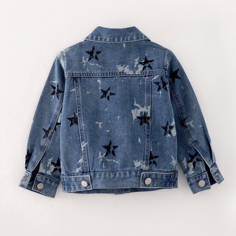 （In Stock E27-3-1）Girls Fall Star Print Blue Denim Jacket