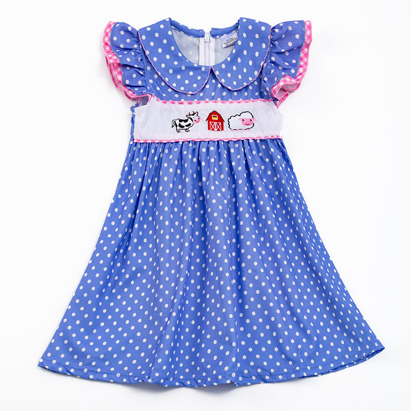 （In Stock E20-4-1）Girls Polka Dot Farm Embroidery Dress