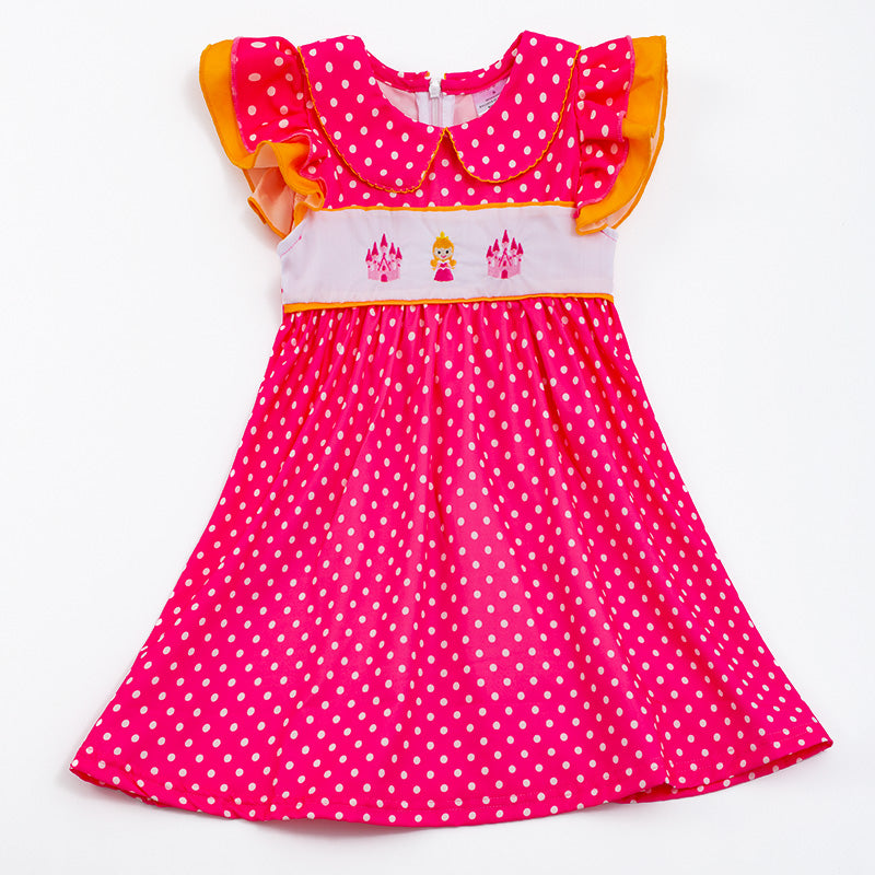 （In Stock E20-4-1）Girls Hot Pink Polka Dot Princess Embroidery Dress