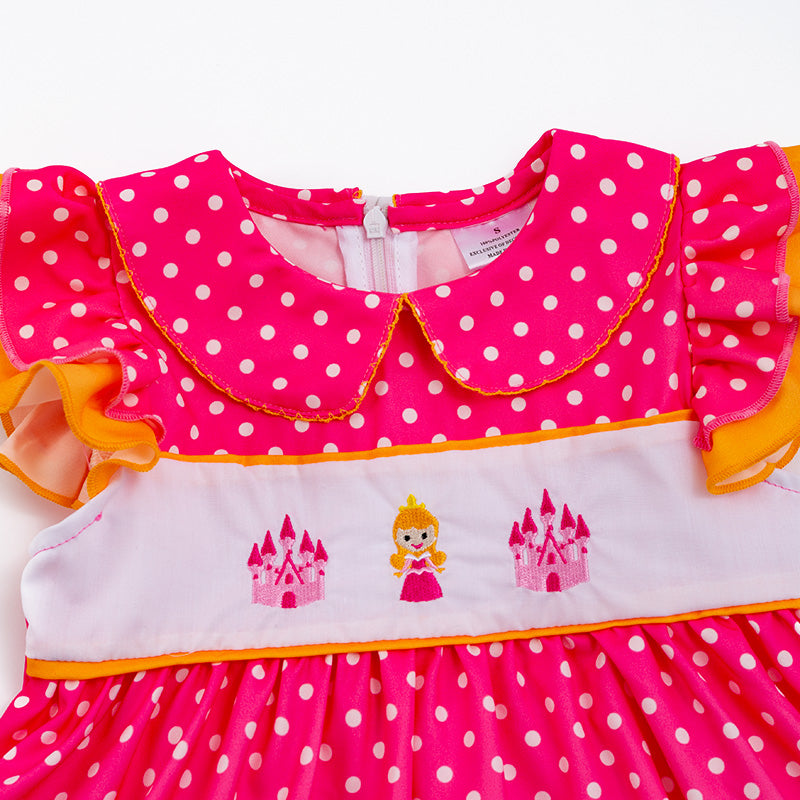 （In Stock E20-4-1）Girls Hot Pink Polka Dot Princess Embroidery Dress