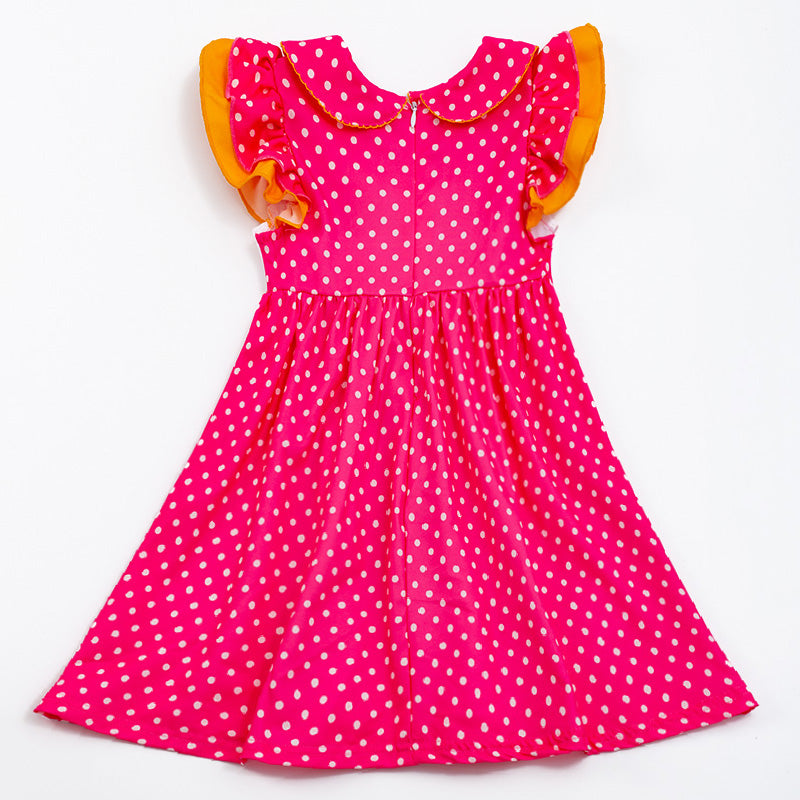 （In Stock E20-4-1）Girls Hot Pink Polka Dot Princess Embroidery Dress