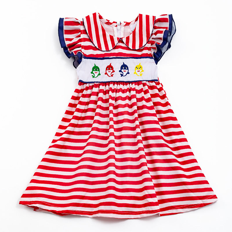 Girls Red Stripe Shark Embroidery Dress