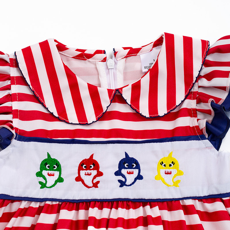 Girls Red Stripe Shark Embroidery Dress