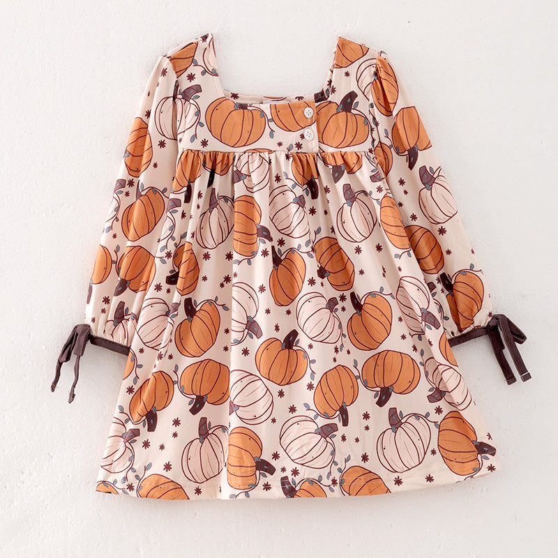 （In Stock Q10-3-1）Girls Thanksgiving Pumpkin Print Dress