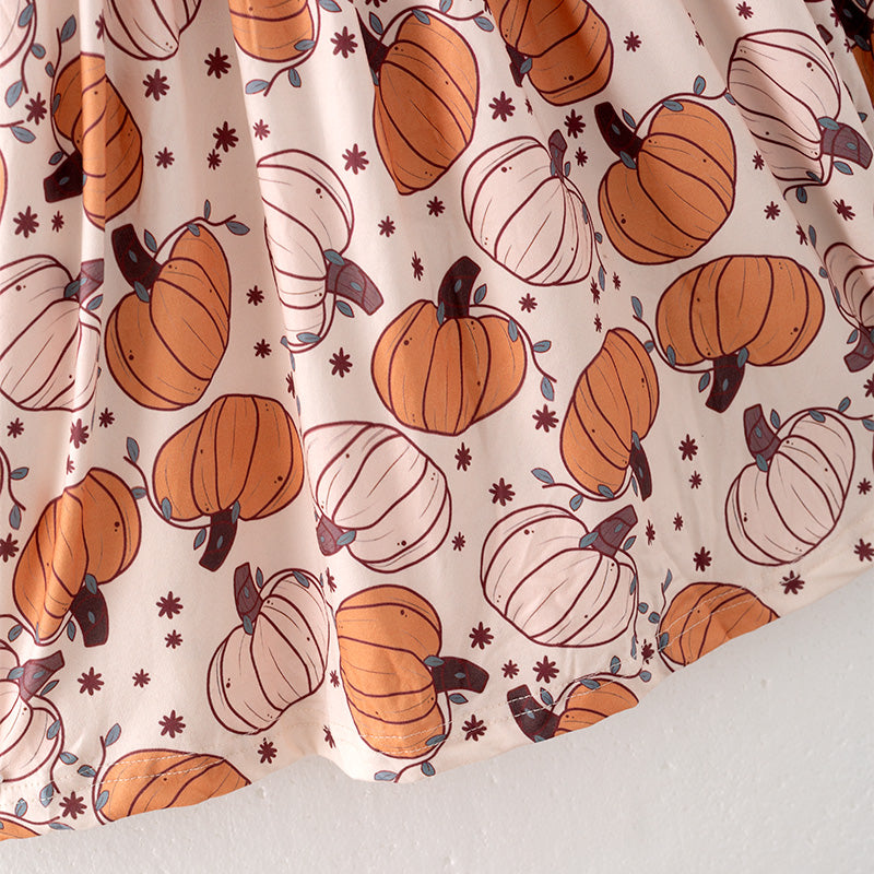 （In Stock Q10-3-1）Girls Thanksgiving Pumpkin Print Dress