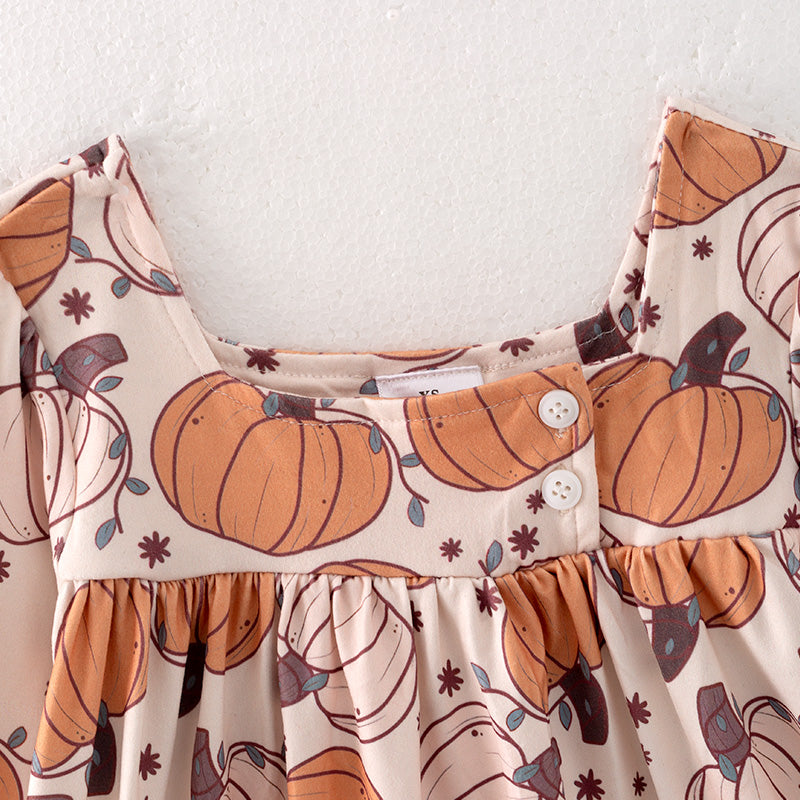 （In Stock Q10-3-1）Girls Thanksgiving Pumpkin Print Dress