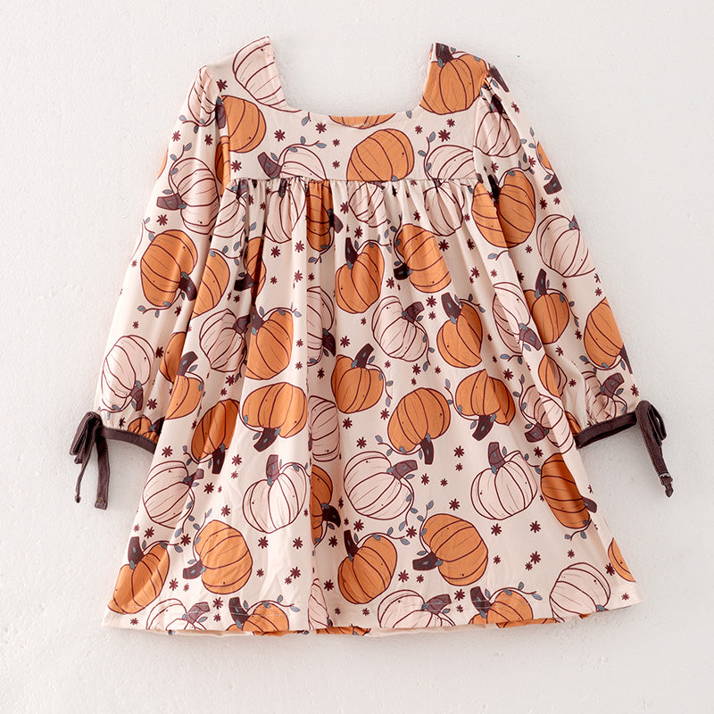 （In Stock Q10-3-1）Girls Thanksgiving Pumpkin Print Dress