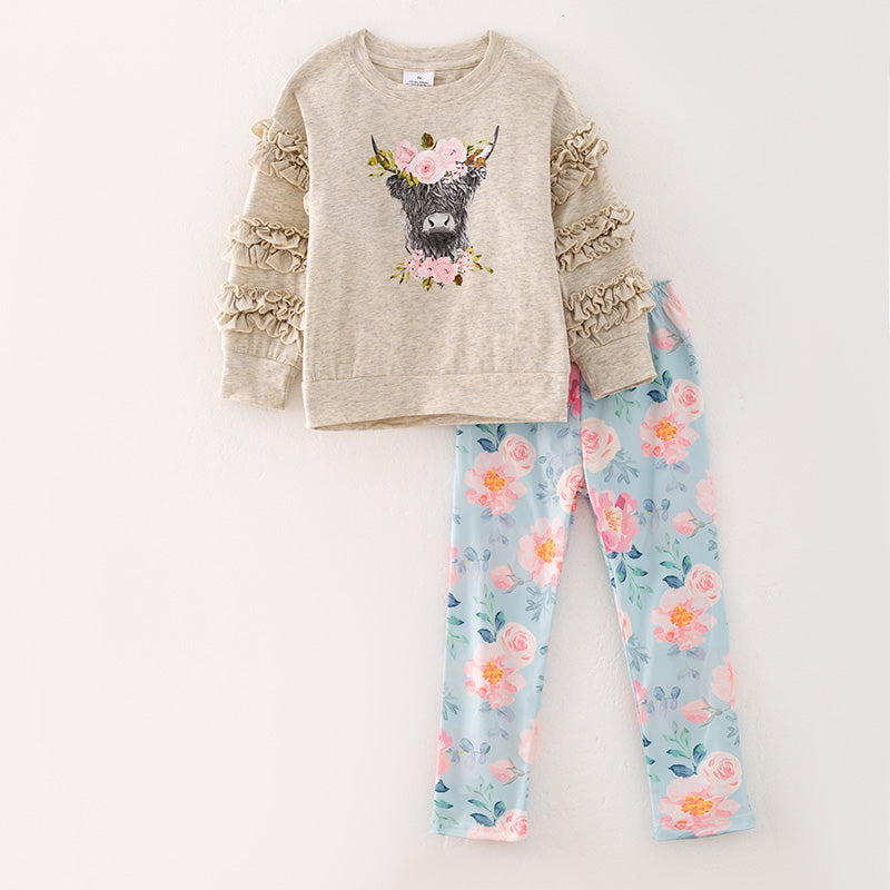 （In Stock Q10-4-2）Girls Fall Cattle Print Outfit Set