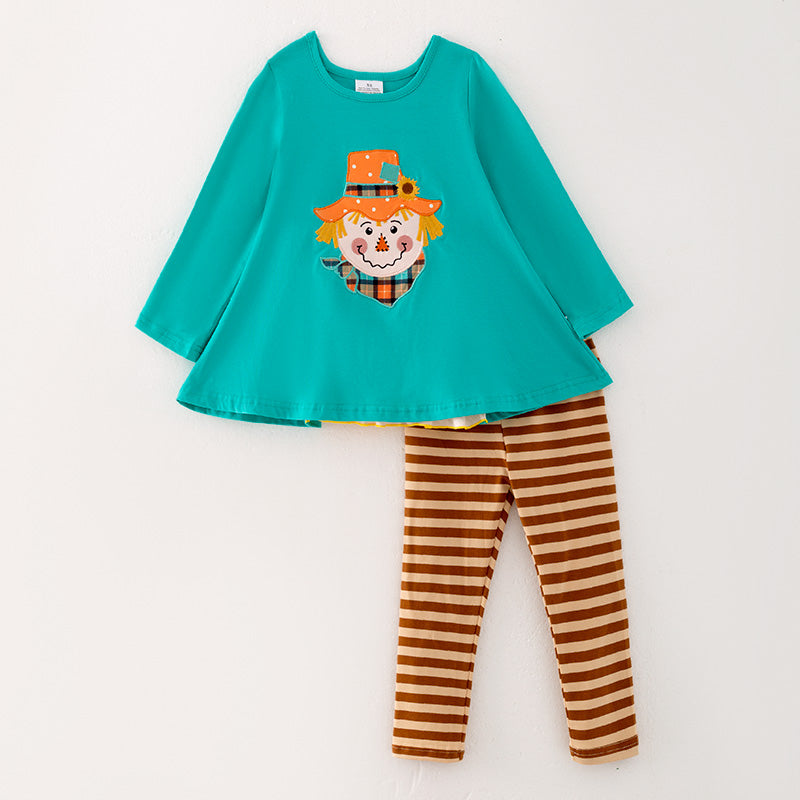 （In Stock Q10-1-1）Girls Fall Scarecrow Applique Outfit Set