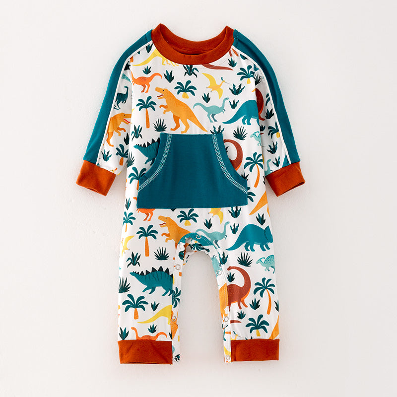 （In Stock Q10-3-1）Baby Boys Fall Dinosaur Print Romper