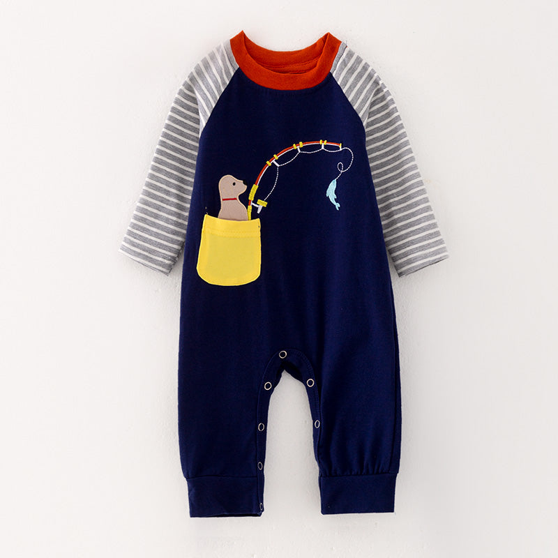 （In Stock Q10-3-1）Baby Boys Fall Fishing Dog Applique Romper