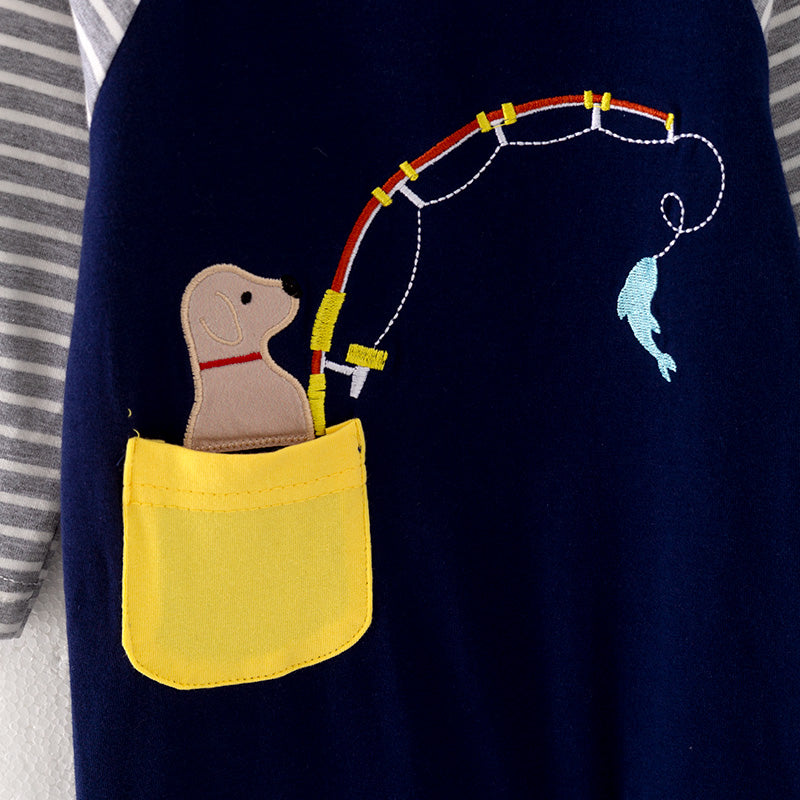 （In Stock Q10-3-1）Baby Boys Fall Fishing Dog Applique Romper