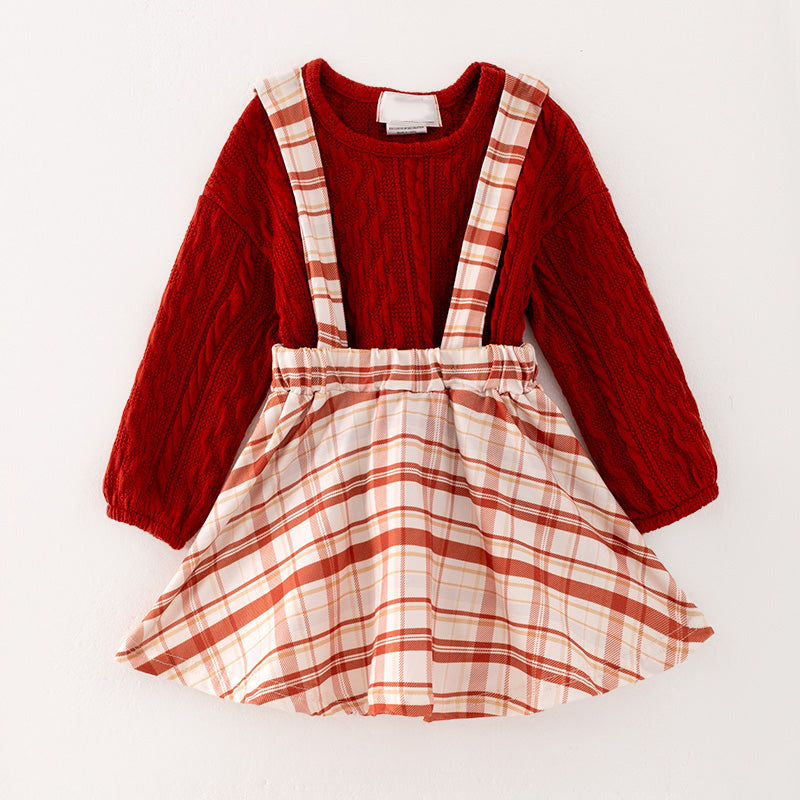 （In Stock Q12-2-2）Girls Fall Plaid Suspenders Suit