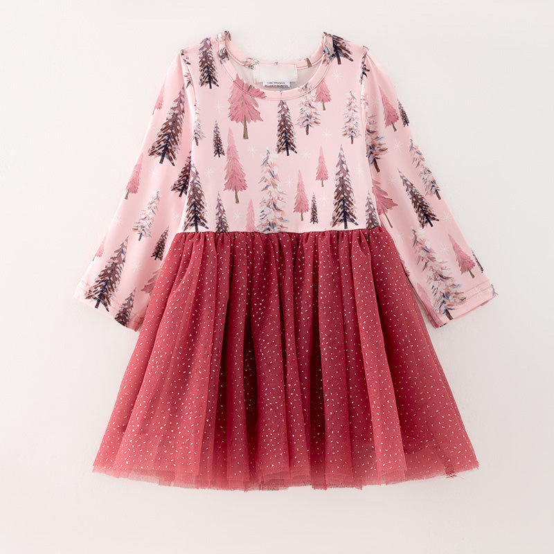 （In Stock Q13-3-1）Girls Christmas Tree Print Tulle Dress