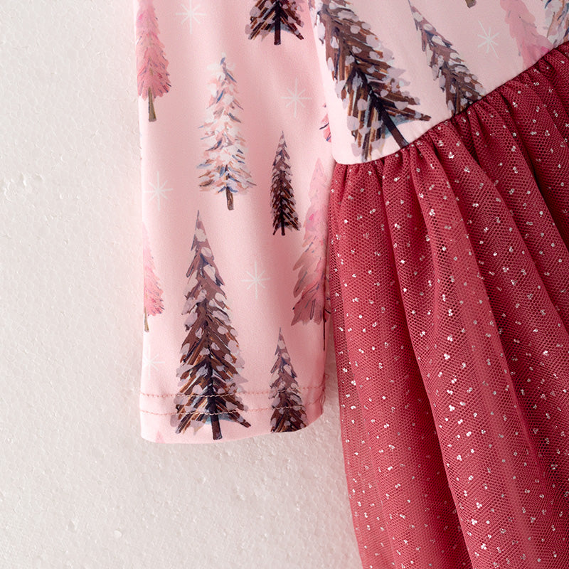 （In Stock Q13-3-1）Girls Christmas Tree Print Tulle Dress