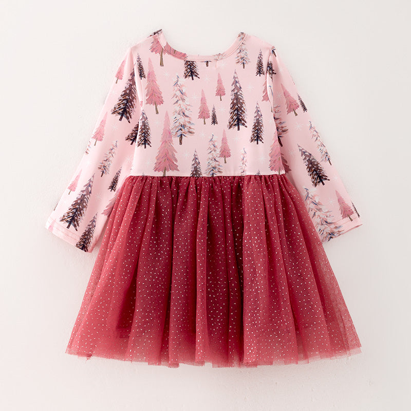 （In Stock Q13-3-1）Girls Christmas Tree Print Tulle Dress