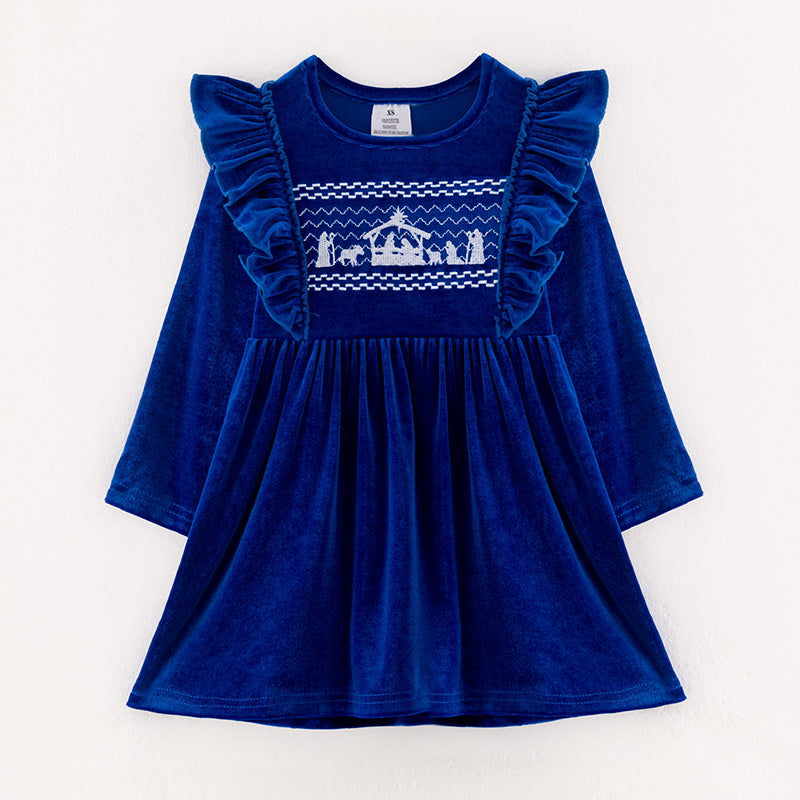 （In Stock E35-2-1）Girls Christmas Embroidery Blue Velvet Dress