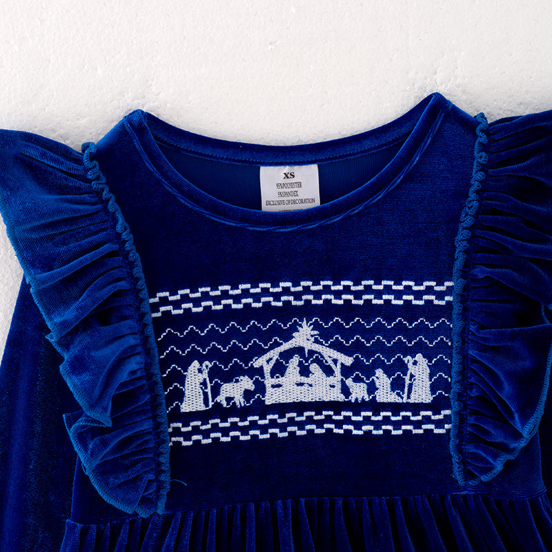 （In Stock E35-2-1）Girls Christmas Embroidery Blue Velvet Dress