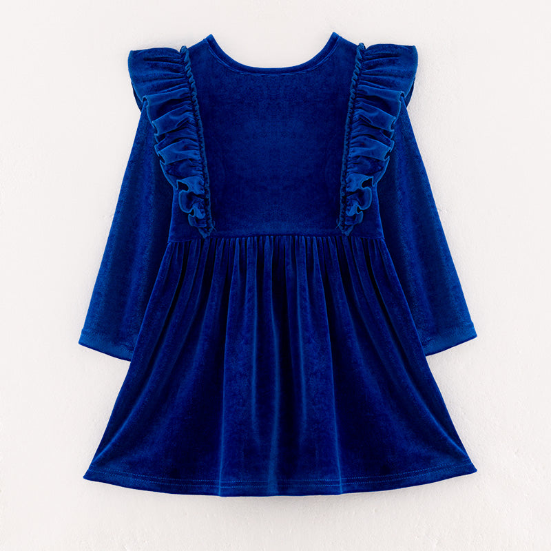 （In Stock E35-2-1）Girls Christmas Embroidery Blue Velvet Dress