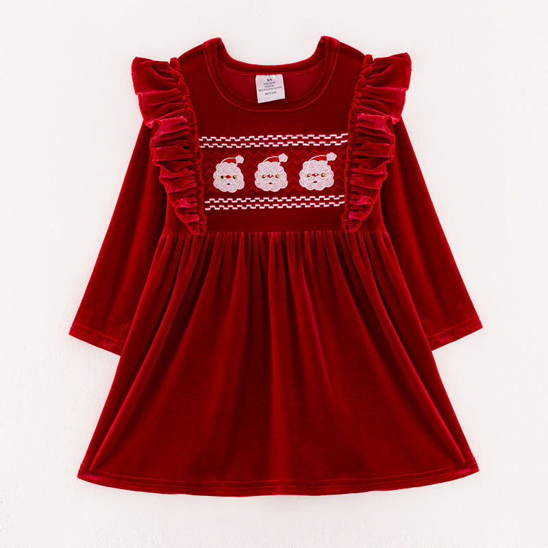 （In Stock E36-2-1）Girls Christmas Embroidery Red Velvet Dress