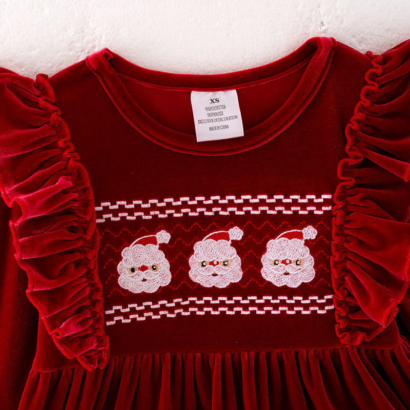 （In Stock E36-2-1）Girls Christmas Embroidery Red Velvet Dress