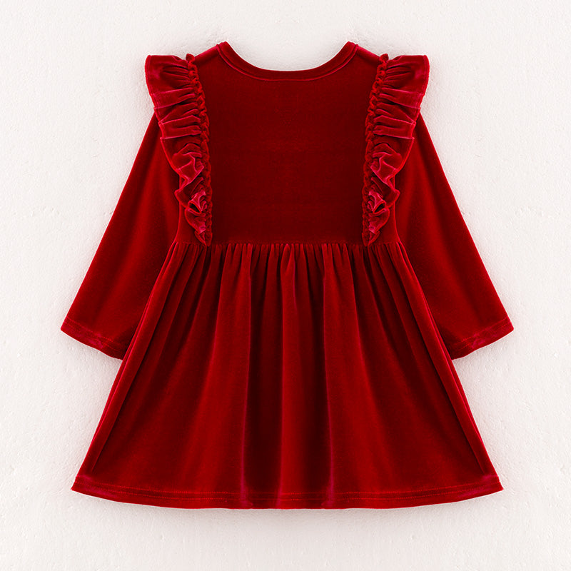 （In Stock E36-2-1）Girls Christmas Embroidery Red Velvet Dress