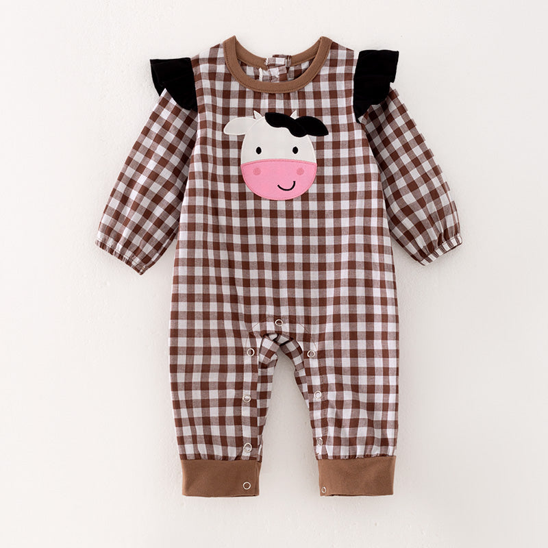 （In Stock Q12-2-1）Baby Girls Fall Cow Applique Romper