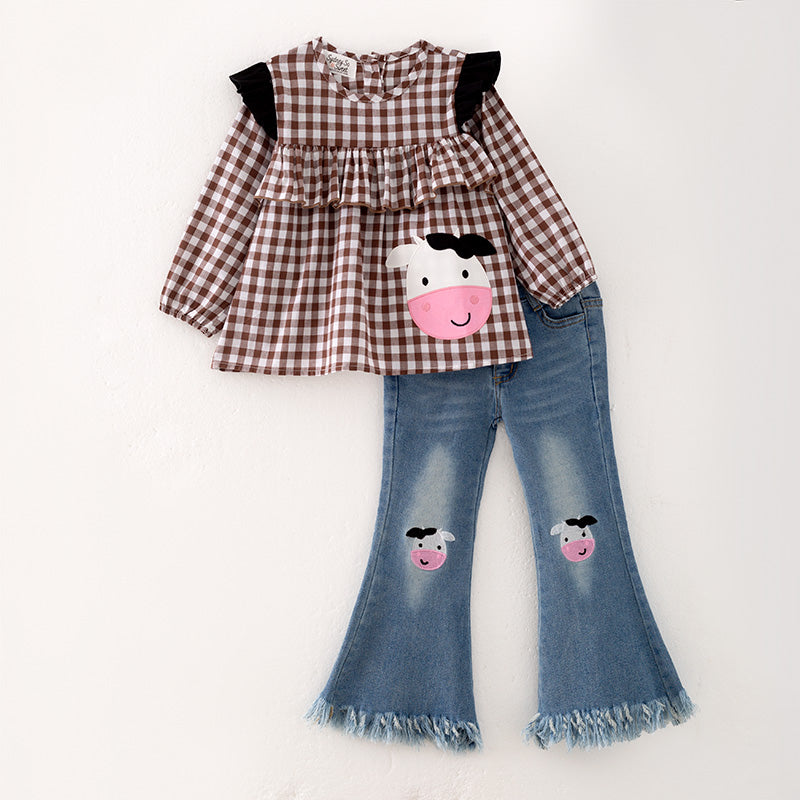 （In Stock Q12-2-1）Girls Fall Cow Applique Denim Set