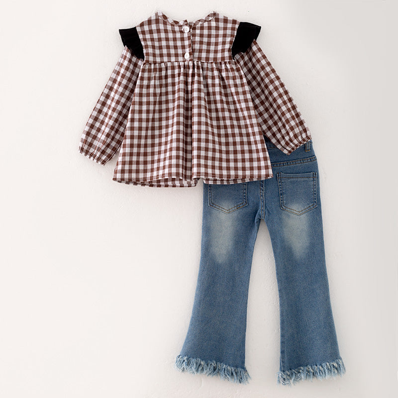 （In Stock Q12-2-1）Girls Fall Cow Applique Denim Set