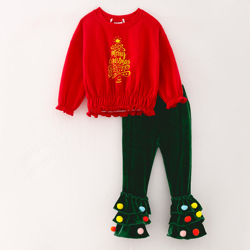 （In Stock Q13-5-2）Girls Christmas Print Cotton Top Velvet Pants Set