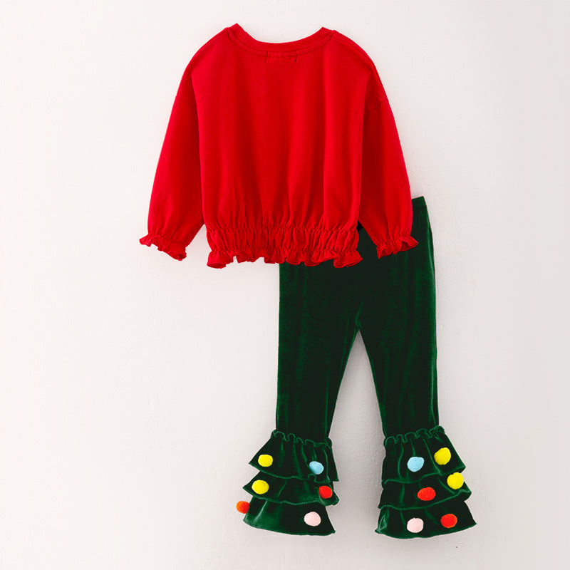 （In Stock Q13-5-2）Girls Christmas Print Cotton Top Velvet Pants Set