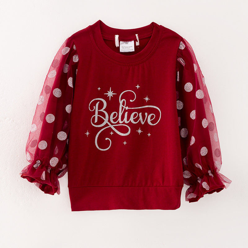 （In Stock Q13-3-1）Girls Christmas Believe Print Top