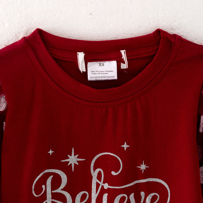 （In Stock Q13-3-1）Girls Christmas Believe Print Top