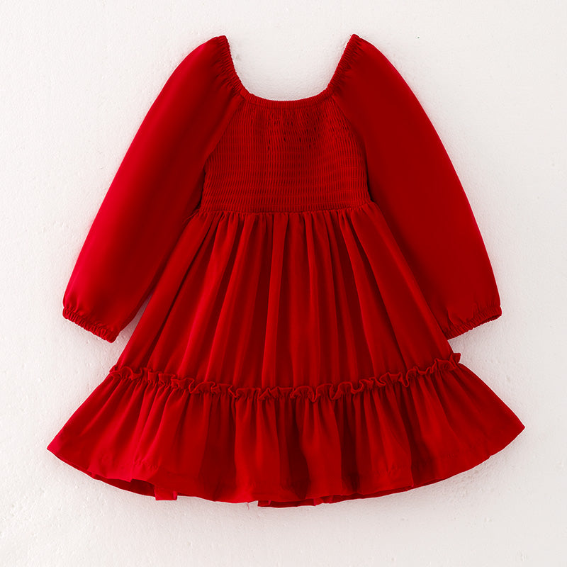 （In Stock Q13-4-1）Girls Fall Red Chiffon Smocked Dress