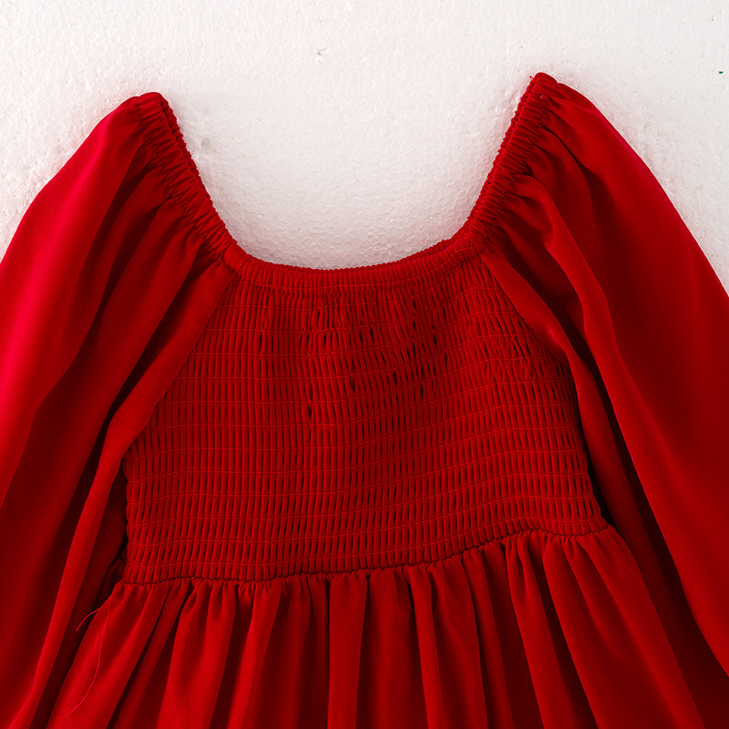 （In Stock Q13-4-1）Girls Fall Red Chiffon Smocked Dress