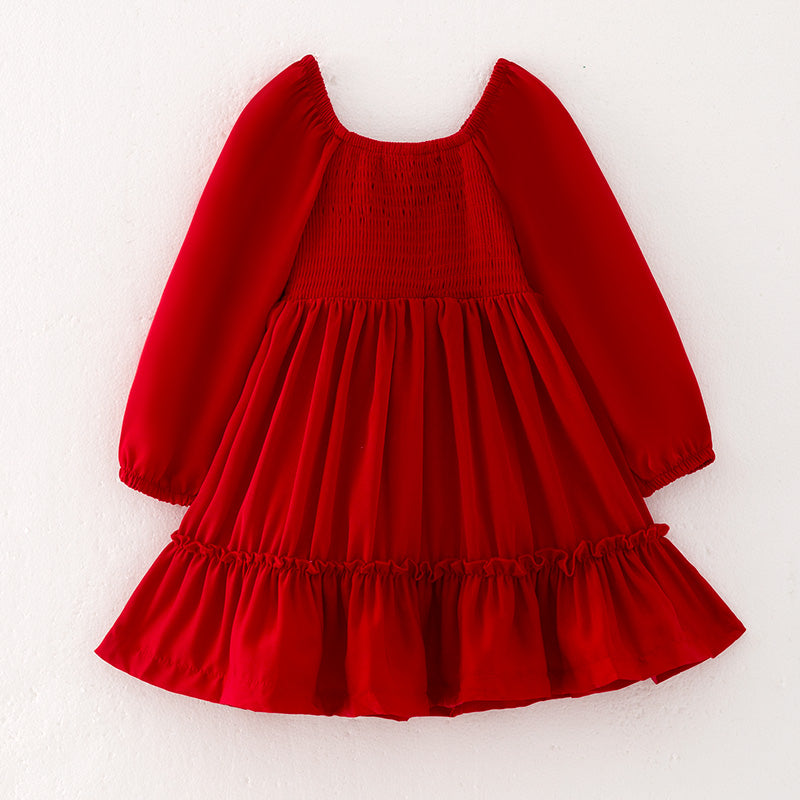 （In Stock Q13-4-1）Girls Fall Red Chiffon Smocked Dress