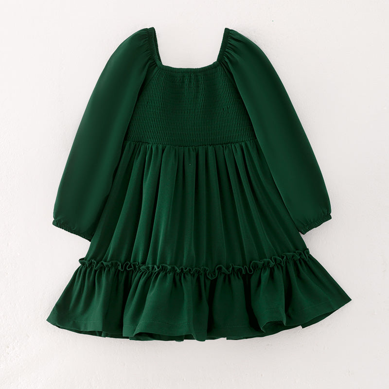 （In Stock Q13-5-1）Girls Fall Green Chiffon Smocked Dress