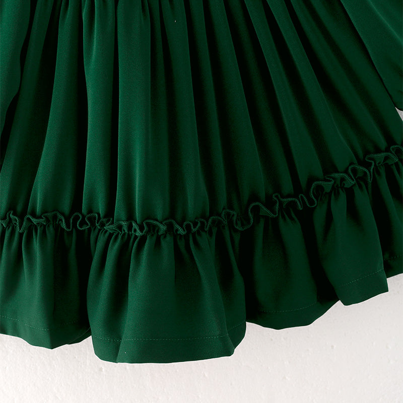 （In Stock Q13-5-1）Girls Fall Green Chiffon Smocked Dress