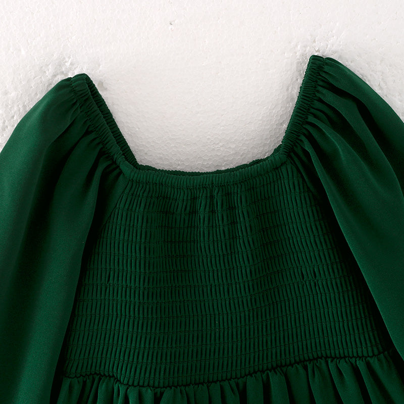 （In Stock Q13-5-1）Girls Fall Green Chiffon Smocked Dress