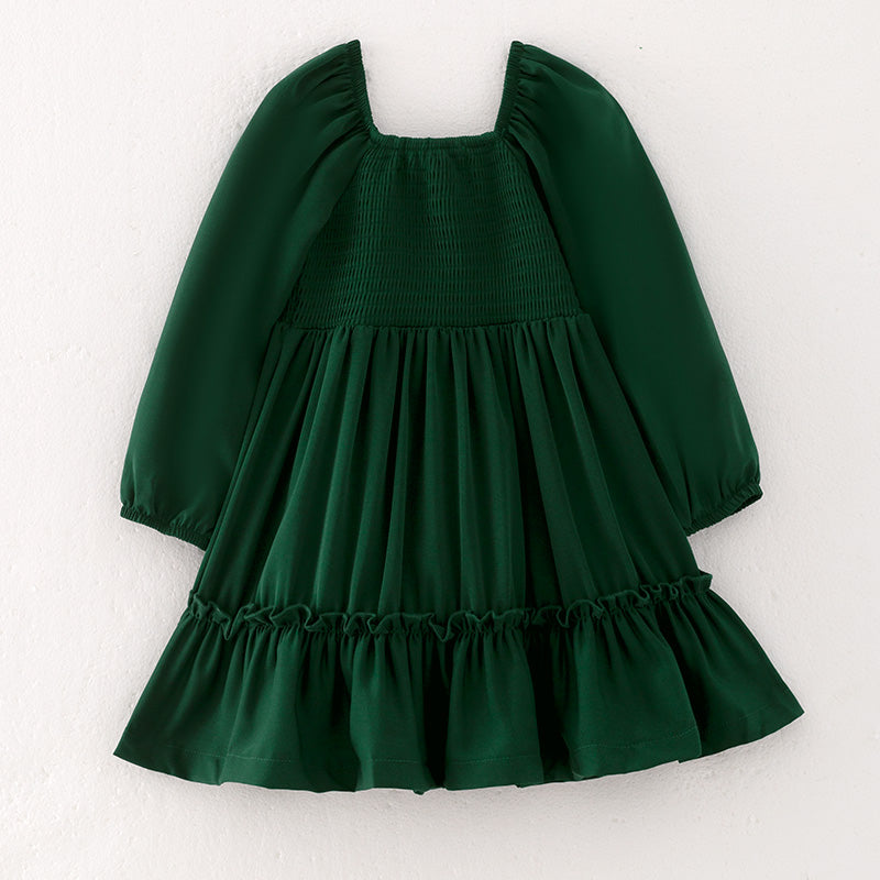 （In Stock Q13-5-1）Girls Fall Green Chiffon Smocked Dress