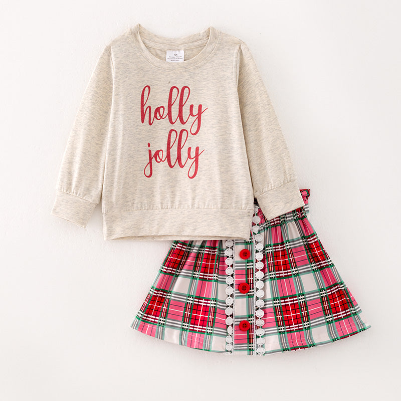 （In Stock G27-1-3）Girls Christmas Holly Jolly Print Skirt Set with Sweater Cardigan